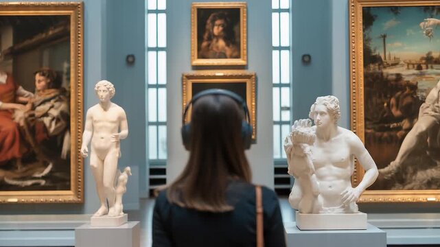 Woman wearing headphones observing classical marble sculptures and framed paintings inside an art museum gallery with large windows

