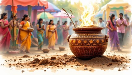 watercolor sacred pot with coconut, indian festival