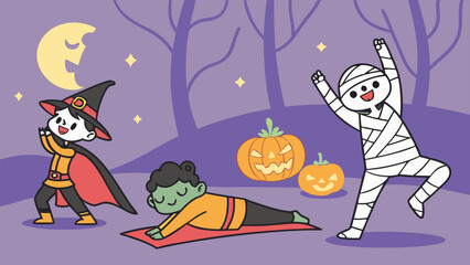Cute halloween characters a witch a zombie and a mummy enjoy a festive night with pumpkins and a crescent moon under a starry sky