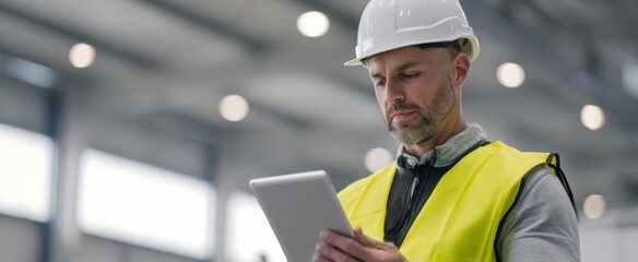 The professional worker using a tablet in a modern industrial setting.
