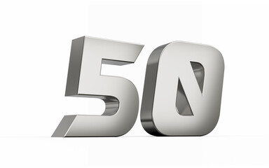 3d Silver number 50 Fifty sleek metallic look isolated on white background, 3d illustration