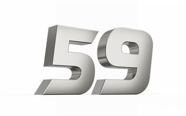 3d Silver number 59 Fifty nine sleek metallic look isolated on white background, 3d illustration