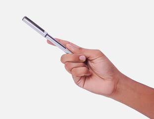 Hand Holding Sleek Silver Pen with A Metal Cap Giving And receiving Pen Concept On White Background