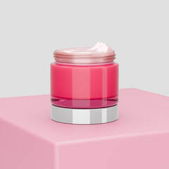Open facial cream jar with pink container and smooth cream on a pastel pink surface, 3d illustration