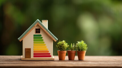 Energy Efficiency House Model with Plants on Wooden Tabletop Against Green Background