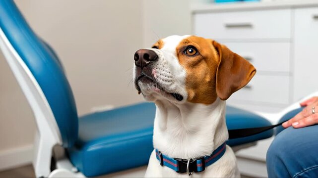 Beagle at veterinary clinic near examination chair. Documentary style. Pet health concept. Vaccination, deworming, rabies prevention services, pet insurance, adoption events, copy space