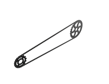A detailed bicycle chain and two sprockets, a large dark one and a smaller light one, in a realistic 3D render. This high-resolution image is isolated on a PNG Transparent HD Background, perfect for
