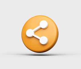 3D Orange circular icon with a white share symbol, representing content sharing. 3D Illustration.
