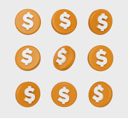Obraz premium 3d Orange circular buttons with a white dollar symbol in the center. 3D Illustration.