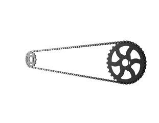 A detailed bicycle chain and two sprockets, a large dark one and a smaller light one, in a realistic 3D render. This high-resolution image is isolated on a PNG Transparent HD Background, perfect for