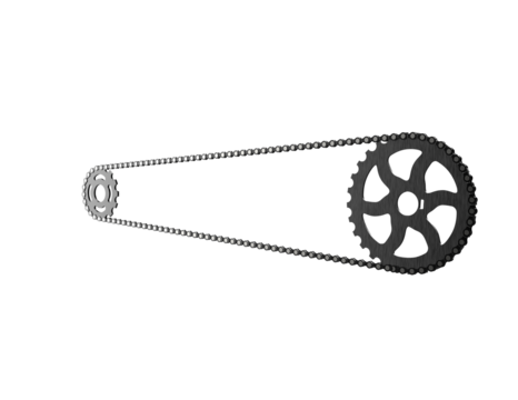 A detailed bicycle chain and two sprockets, a large dark one and a smaller light one, in a realistic 3D render. This high-resolution image is isolated on a PNG Transparent HD Background, perfect for