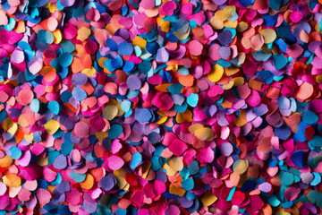 Bright multicolored confetti covers a surface, creating a lively atmosphere perfect for parties or celebrations, enhancing the festive mood
