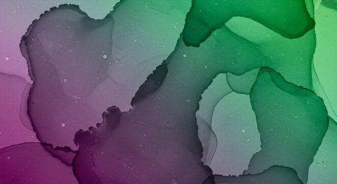 Lush emerald green and deep amethyst purple abstract watercolor background with fluid, glass-like diffusion and layered texture