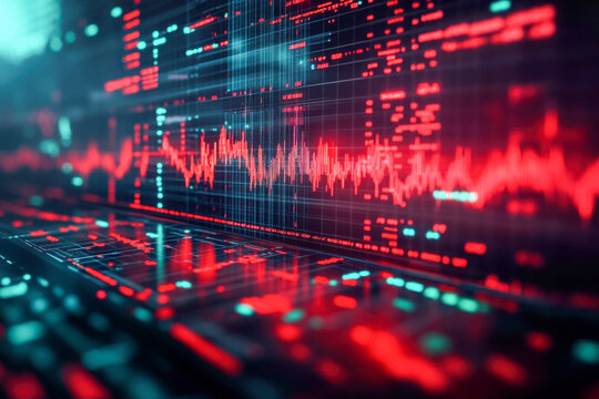 Bright red and blue waveforms display audio signals on a high-tech interface, showcasing digital sound analysis and data visualization