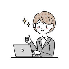 パソコンの前でサムズアップをするスーツを着た女性