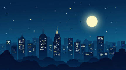 Serene cityscape at night, illuminated buildings under a full moon and starry sky.