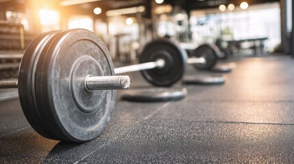 Naklejka premium Barbell Weightlifting Equipment on Gym Floor: Strength Training for Fitness and Exercise with Copyspace