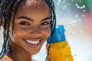 Girl with braided hair smiles brightly while splashing water around on a sunny beach day, exuding joy and playfulness