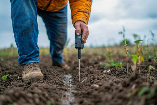 A person measures soil moisture depth in a field with young plants while the sky is overcast, indicating potential for rain