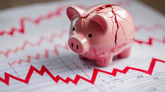 Cracked piggy bank on a graph showing financial crisis. - Powered by Adobe