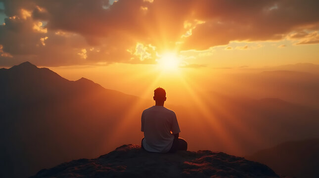 The spiritual image of a man praying at dawn on a mountain top, the rising sun enveloping him in divine light, rays of light breaking through the clouds, evoking grace and reward.