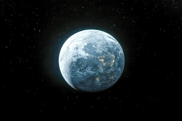 A distant planet shines in the darkness of space, surrounded by countless stars, evoking a sense of wonder and exploration in the cosmos