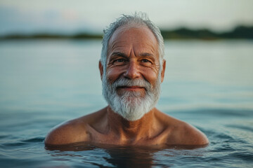 A senior man with a gray beard smiles while floating in a tranquil lake at sunset, surrounded by nature's beauty and soft reflections