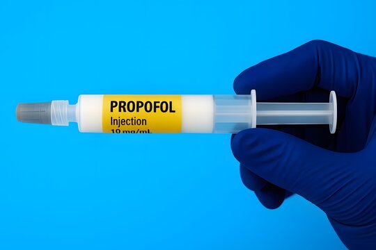 Ultra-realistic 4K image of a Propofol injection syringe held by a blue-gloved hand against a blue background, ideal for medical, anesthesia, and hospital use.