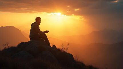 The spiritual image of a man praying at dawn on a mountain top, the rising sun enveloping him in divine light, rays of light breaking through the clouds, evoking grace and reward.