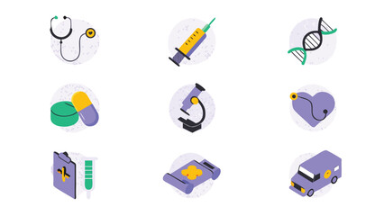 Fototapeta premium Illustration of medical icons including stethoscope, syringe, dna, pills and ambulance isometric view