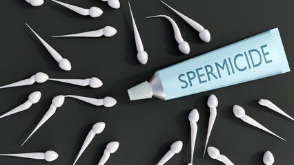 a 3d rendering of tube of spermicide and scattered sperm cells. A clinical visual metaphor for the product's function: to act as a barrier or deterrent to sperm.