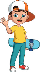 Cartoon character with skateboard, vector illustration, waving hand, yellow shirt, teal pants, red sneakers, casual pose, stock image, vector art