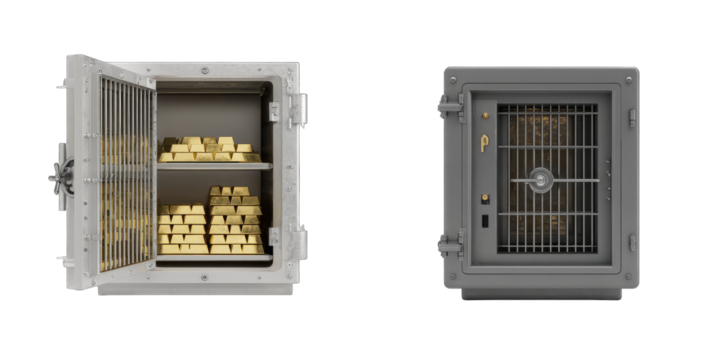 Two security safes, one white and one gray, filled with gold bars