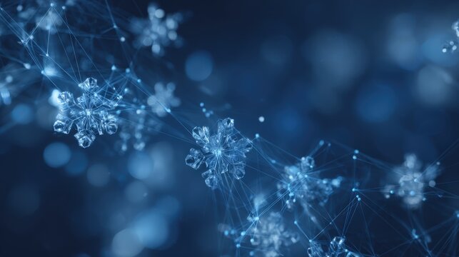 Abstract Winter Background with Ice Crystal Snowflake Network, Deep Blue Tones, Connectivity Concept