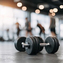Fototapeta premium Black dumbbells on gym floor, blurred figures in background