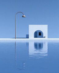 Obraz premium Minimalist, light-blue architectural scene. A simple building, a light post, reflected in placid water