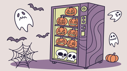 Whimsical halloween vending machine filled with jack o lanterns and skulls surrounded by playful ghosts and bats on a pale background