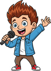 Cartoon singer boy, microphone, raised hand, blue jacket, brown pants, red sneakers, performing pose, vector art, cad drawing flat vector illustration