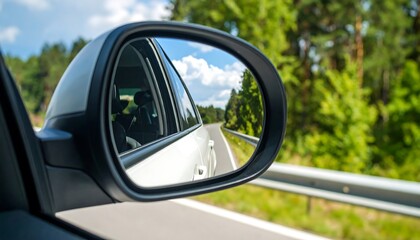 Roadside view reflected in a car's side mirror.