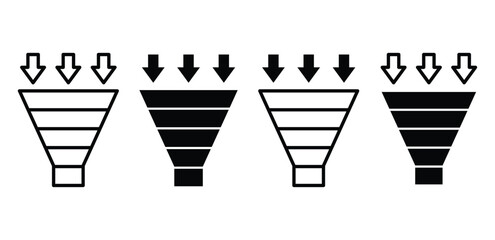 Funnel Chart Icons Black and White Visualizations of a Multi Stage Process Vector Design Illustration Isolated