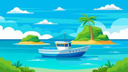 a boat in turquoise ocean water with a backdrop