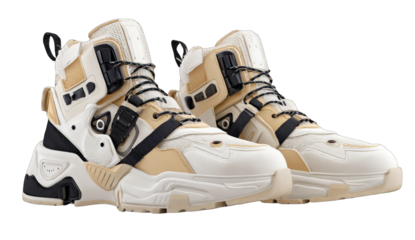 High-top sneakers with chunky soles, beige and cream colors, featuring multiple straps and buckles