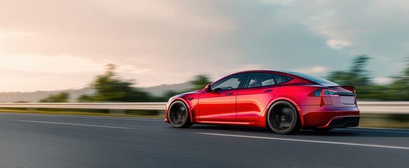 Obraz premium The red electric car speeding along a highway at sunset.
