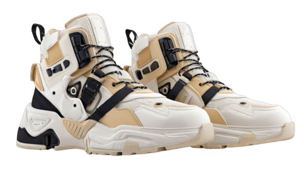 High-top sneakers with chunky soles, beige and cream colors, featuring multiple straps and buckles