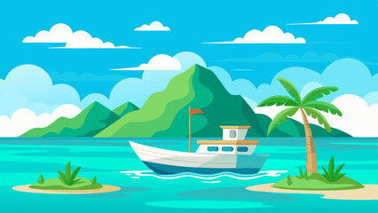  a boat in turquoise ocean water with a backdrop