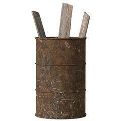 oil drum containing wood trash