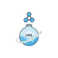 LNG production symbol with molecule above a round flask filled with liquid. LNG production concept is illustrated by chemical flask with liquid and a molecule for industrial usage.