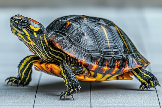 Painted turtle closeup, shell detailed, bright stripes on its head and legs