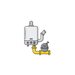 Naklejka premium Gas boiler installation with gas meter on white background, gas boiler for heating system, gas meter connection to pipeline. Home gas boiler is perfect solution for safety heating control,