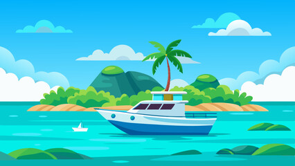  a boat in turquoise ocean water with a backdrop